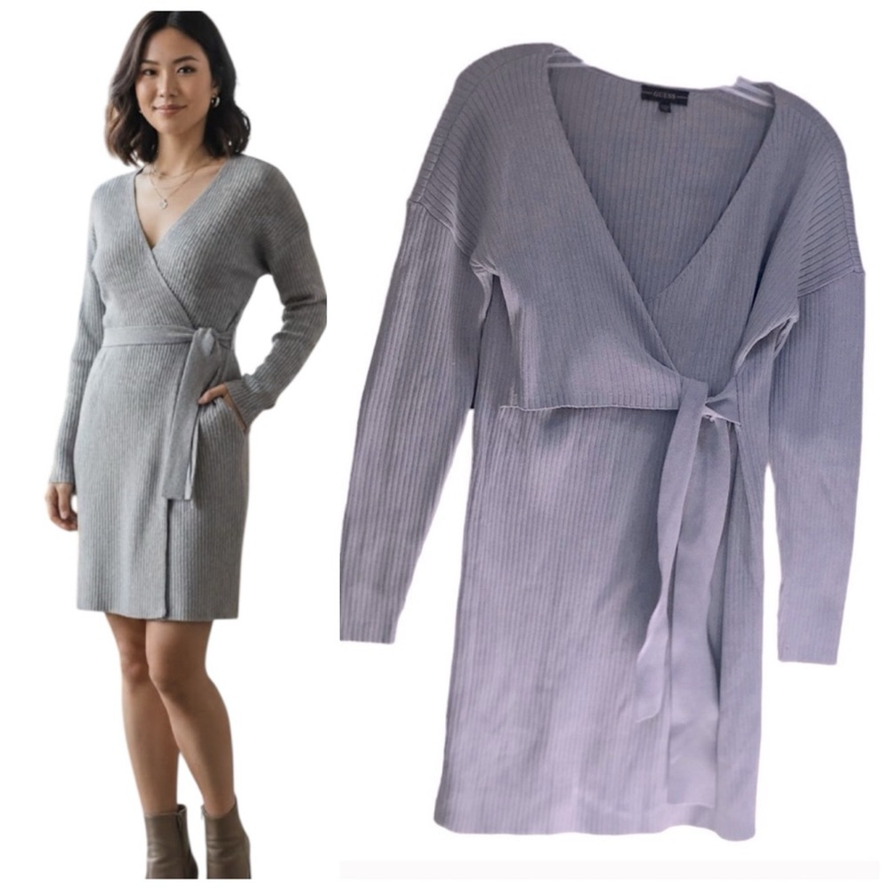 Guess Ribbed Faux Wrap Knit Sweater Mini Dress Minimalist Long Sleeve Straight